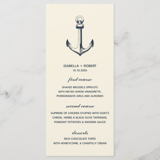 Der blaue Anker | Nautical Wedding Menu Menükarte (Vorderseite)
