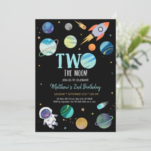Der blaue Astronaut im Weltraum zwei zum Geburtsta Einladung (Stehend Vorderseite)
