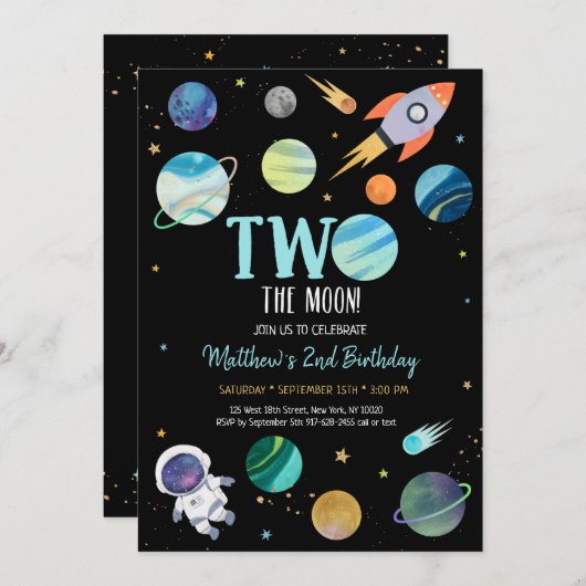 Der blaue Astronaut im Weltraum zwei zum Geburtsta Einladung (Vorne/Hinten)