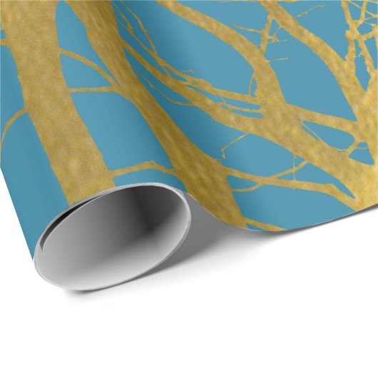 Der blaue Hintergrund der Zweige des Golden Trees Geschenkpapier (Rolleneckpunkt)