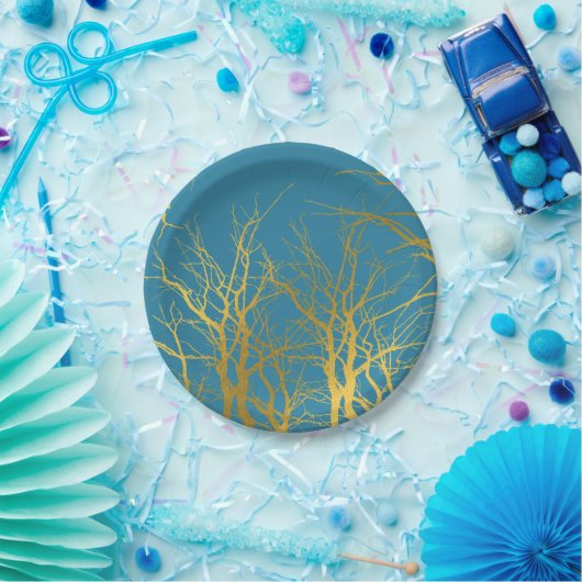 Der blaue Hintergrund der Zweige des Golden Trees Pappteller (Party)