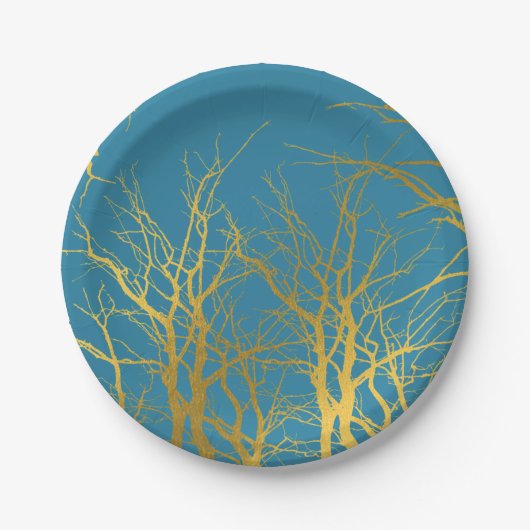 Der blaue Hintergrund der Zweige des Golden Trees Pappteller (Vorderseite)