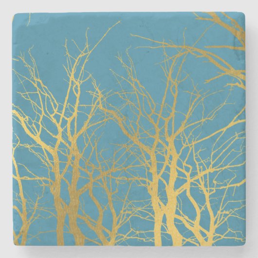 Der blaue Hintergrund der Zweige des Golden Trees Steinuntersetzer (Vorderseite)