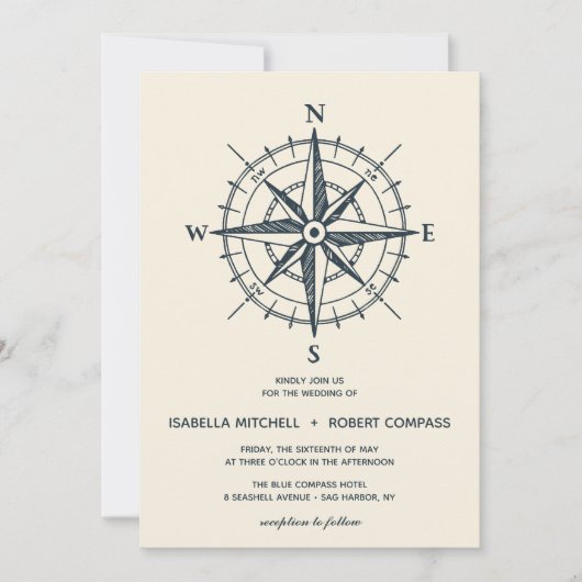 Der blaue Kompass | Einladung zur Hochzeit (Vorderseite)