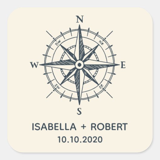Der blaue Kompass | Hochzeitsmonogramm Quadratischer Aufkleber (Vorderseite)