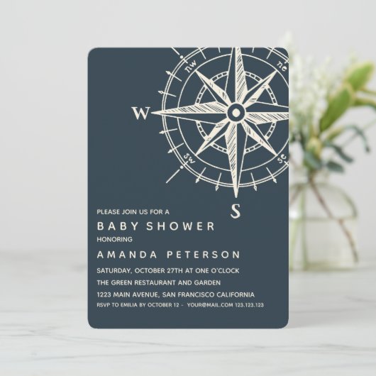 Der blaue Kompass | Kinderdusche Einladung (Stehend Vorderseite)