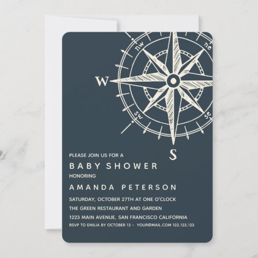 Der blaue Kompass | Kinderdusche Einladung (Vorderseite)