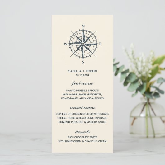 Der blaue Kompass | Nautical Wedding Menu Menükarte (Stehend Vorderseite)