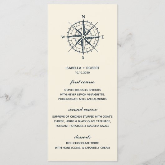 Der blaue Kompass | Nautical Wedding Menu Menükarte (Vorderseite)