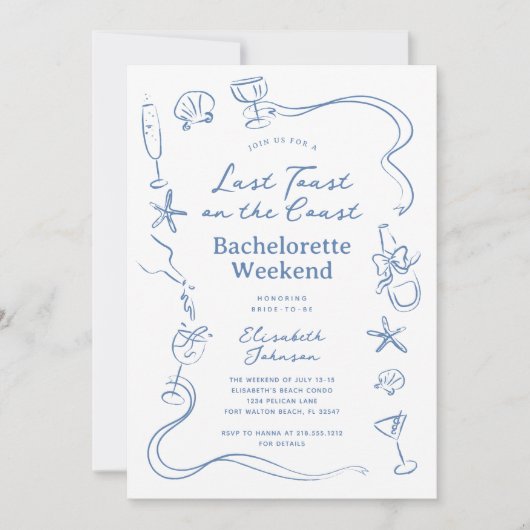 Der blaue letzte Toast am Coast Bachelorette Weeke Einladung (Vorderseite)