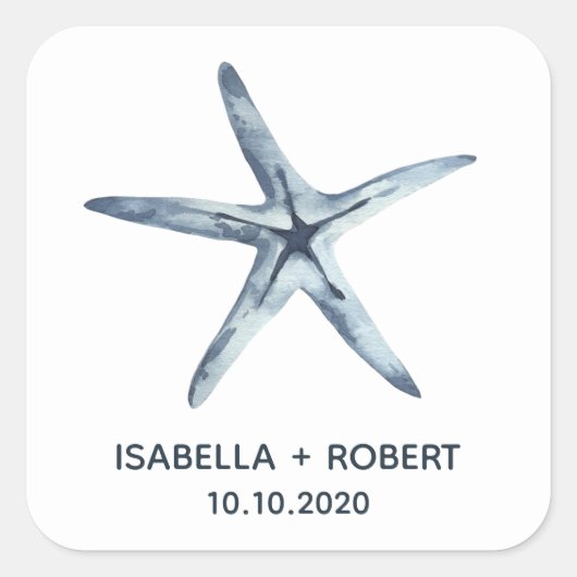 Der blaue Starfish | Hochzeitsmonogramm Quadratischer Aufkleber (Vorderseite)