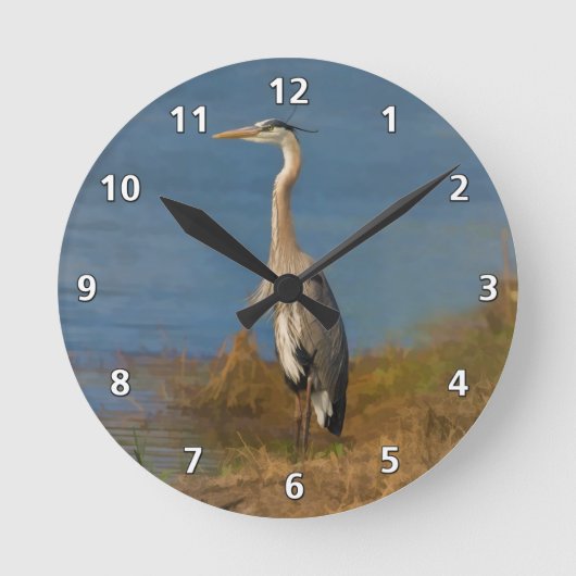 Der Blaue Vogel am Teich Runde Wanduhr (Vorderseite)