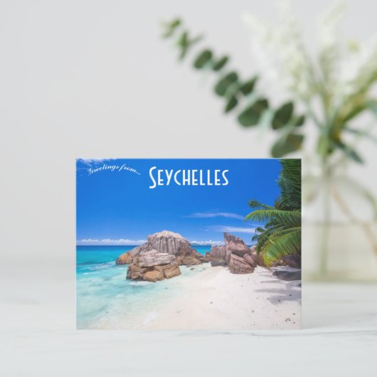 Der Blick auf den Strand der Seychellen Postkarte (Stehend Vorderseite)