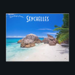 Der Blick auf den Strand der Seychellen Postkarte<br><div class="desc">Diese Postkarte bietet einen Blick auf den Strand der Seychellen. Die Seychellen sind ein Inselstaat im Indischen Ozean. Genießen Sie Ihren neuen A View a Beach auf der Seychellen Postkarte!</div>