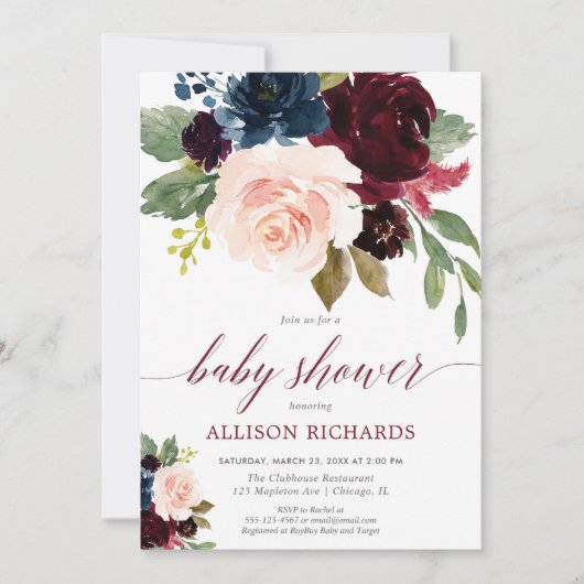 Der Blumen Fall erröten marsala blaue Einladung (Vorderseite)