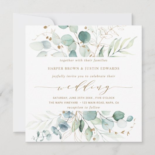 Der botanische Hochzeitsplatz mit Gold und Grün Einladung (Vorderseite)