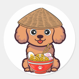 Der braune Hund isst Nudeln Runder Aufkleber