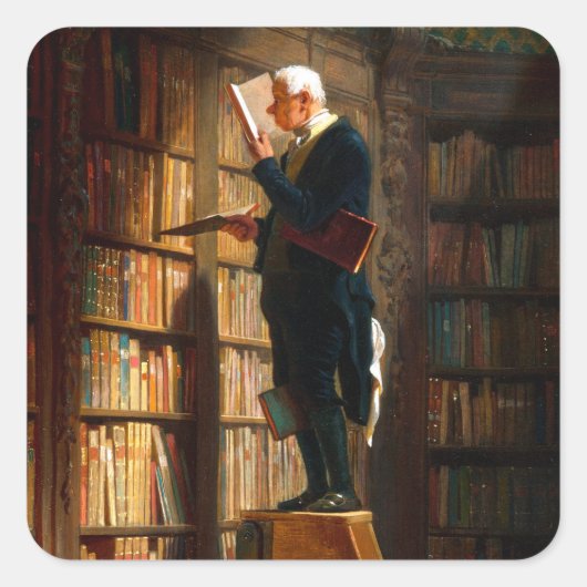 Der Bücherwurm von Carl Spitzweg Deutsche Malerei Quadratischer Aufkleber (Vorderseite)
