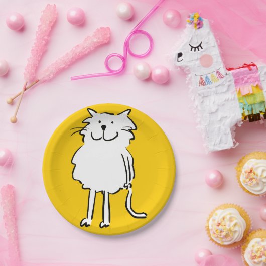 Der Cartoon der Katze. Katze auf einer gelben Plat Pappteller (Party)