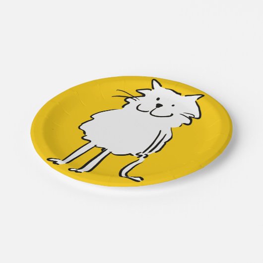 Der Cartoon der Katze. Katze auf einer gelben Plat Pappteller (Schrägansicht)