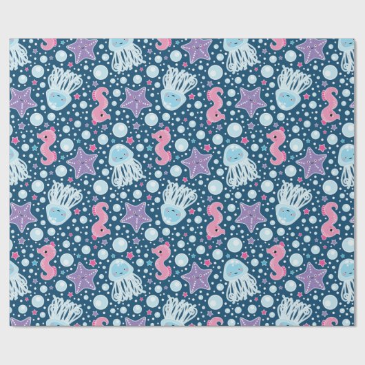 Der Cartoon-Seepferd-u. Quallen-| blaues rosa Lila Geschenkpapier (Flach)