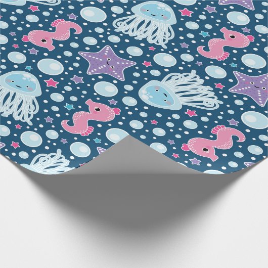 Der Cartoon-Seepferd-u. Quallen-| blaues rosa Lila Geschenkpapier (Ecke)