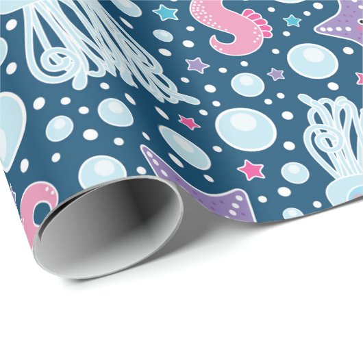 Der Cartoon-Seepferd-u. Quallen-| blaues rosa Lila Geschenkpapier (Rolleneckpunkt)