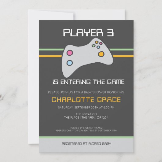 Der Computer Video Game Player hat eine Babydusche Einladung (Vorderseite)