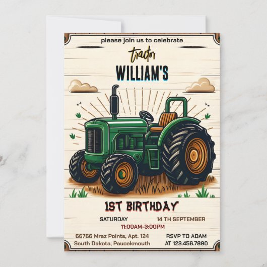 Der coole Traktor des Kinderretro-Jungen 1. Geburt Einladung (Vorderseite)