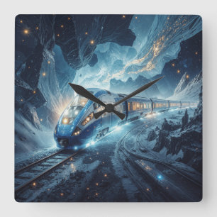 Der Cosmic Express: Zukunftszug durch Nebel Quadratische Wanduhr