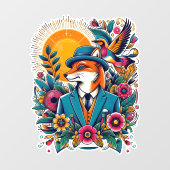 Der Dapper Fox und farbenfrohe Blume Fensteraufkleber (Blatt)