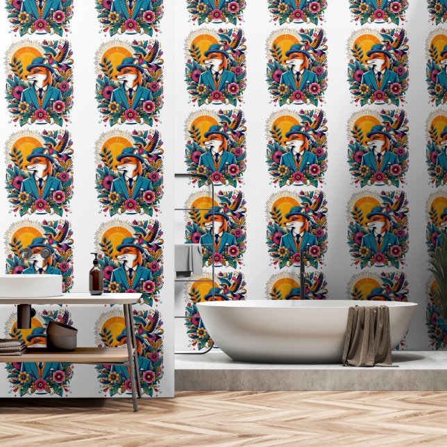 Der Dapper Fox und farbenfrohe Blume Tapete (Badezimmer)