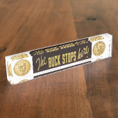 Der Dollar stoppt hier Replik, mit Dollarmünze Namensplakette (Seite)