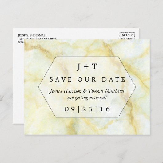 Der elegante Marmoreffekt bei Hochzeiten speichert Ankündigungspostkarte (Vorne/Hinten)