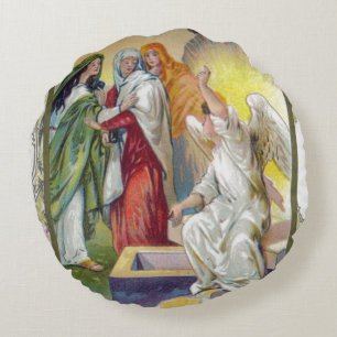 Der Engel sagt den Frauen, dass Christus auferstan Rundes Kissen