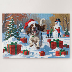 Der englische Setter läuft im Schnee mit Weihnacht Puzzle