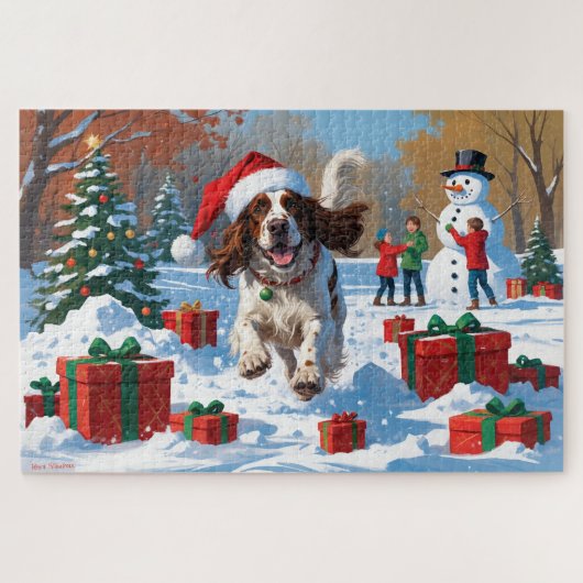 Der englische Setter läuft im Schnee mit Weihnacht Puzzle (Horizontal)