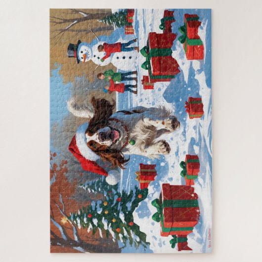 Der englische Setter läuft im Schnee mit Weihnacht Puzzle (Vertikal)