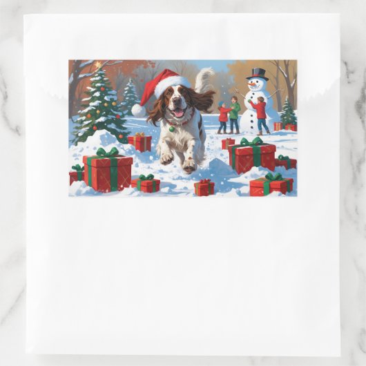 Der englische Setter läuft im Schnee mit Weihnacht Rechteckiger Aufkleber (Tasche)
