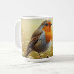 Der europäische Robin auf dem rustikalen Zaun Kaffeetasse