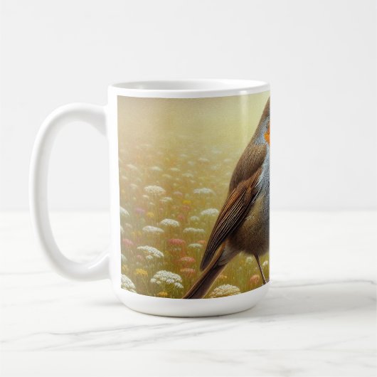 Der europäische Robin auf dem rustikalen Zaun Kaffeetasse (Links)