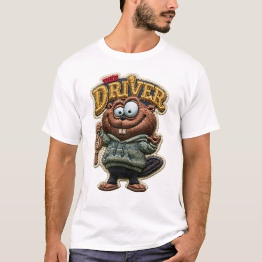 Der Fahrer Lustiger Biber Stickpatch-Stil T-Shirt (Vorderseite)