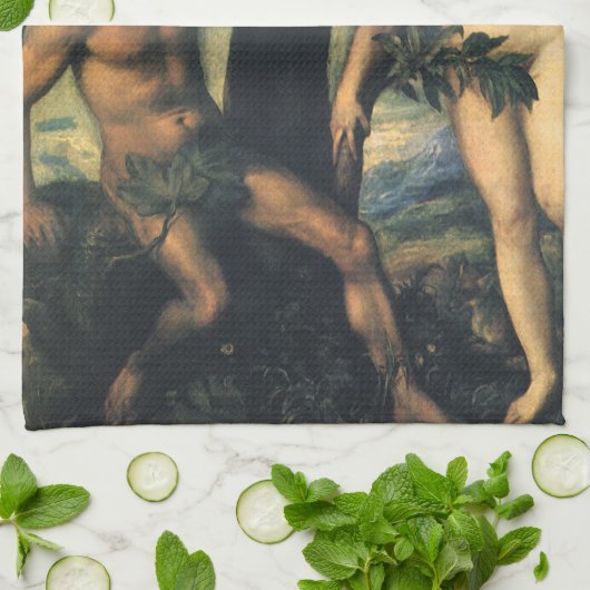 Der Fall des Menschen; Adam und Eva von Tizian Geschirrtuch (Gefaltet)