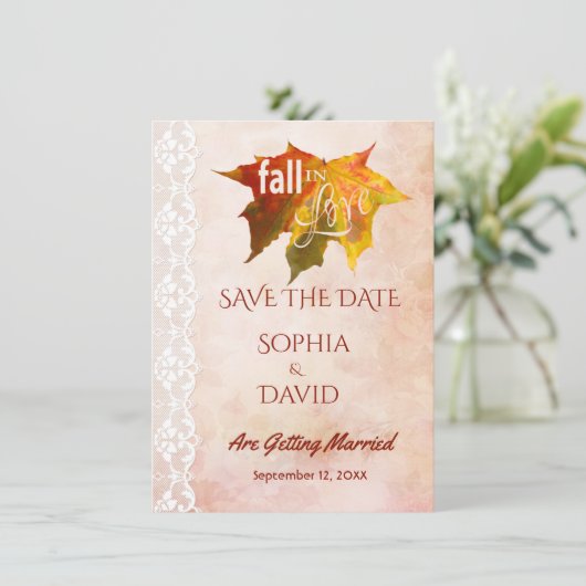Der Fall in der Liebe Spitze alten Papier Hochzeit Save The Date (Stehend Vorderseite)