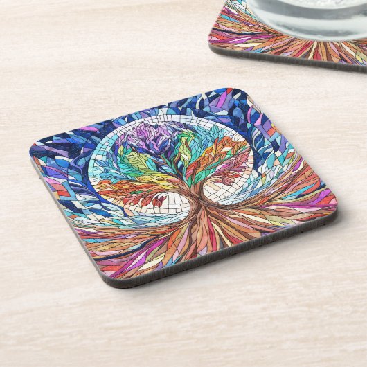 Der farbenfrohe Baum Mosaik Kunst Getränkeuntersetzer (Linke Seite)