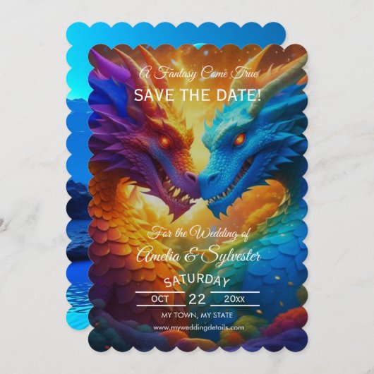 Der farbenfrohe Drache speichert die Datumskarten Einladung (Vorne/Hinten)