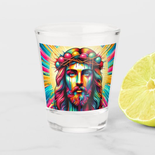 Der farbenfrohe Jesus schoss eine Brille! Schnapsglas (Vorderseite)