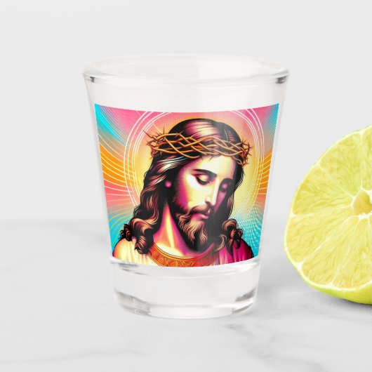 Der farbenfrohe Jesus schoss eine Brille! Schnapsglas (Vorderseite)