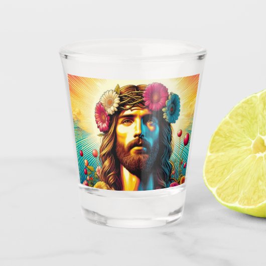 Der farbenfrohe Jesus schoss eine Brille! Schnapsglas (Vorderseite)