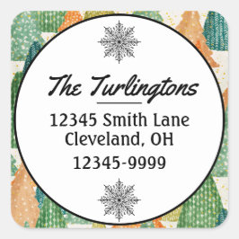 Der farbenfrohe Wald von Evergreen Xmas Rücksendea Quadratischer Aufkleber